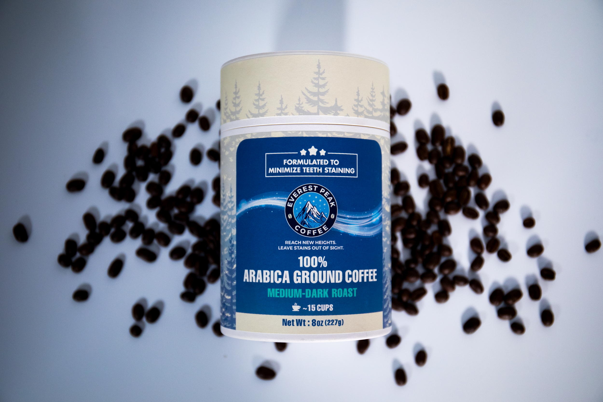 Ground coffee container with visible branding on a light background